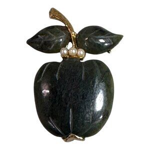 Vintage Swaboda Jade Apple Brooch Intricate Carving Faux Pearls Pin Green Gold